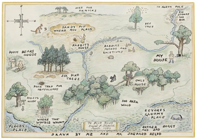 百英亩木材的图示地图，在A.a的开放页面中的特点。Milne的Winnie-The-pooh